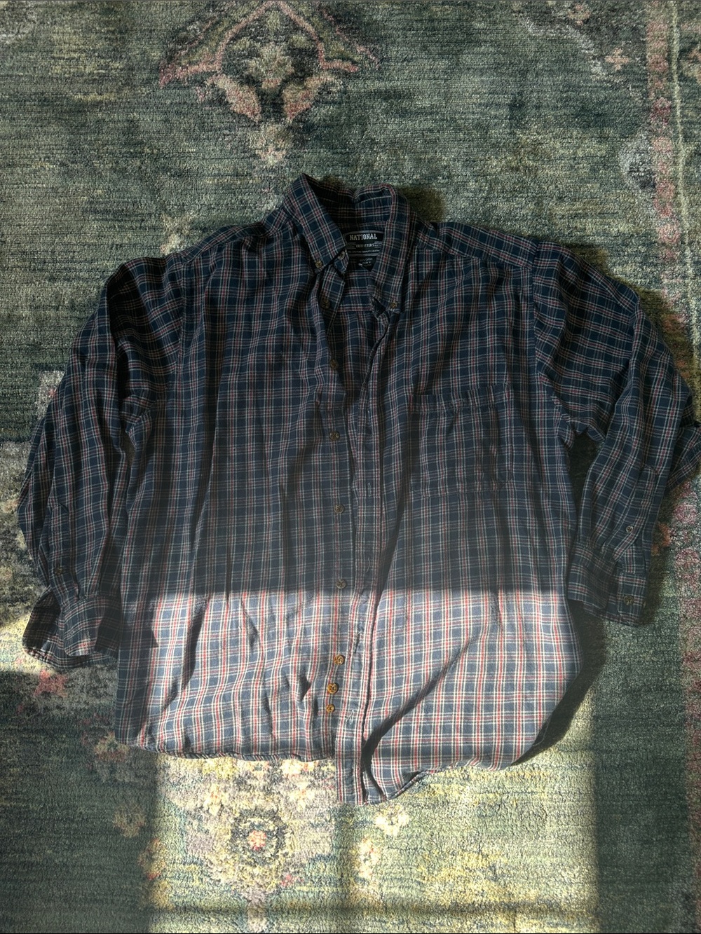 National Outfitters 100% Cotton Navy and Red Plaid Button-Down Shirt - Men Large